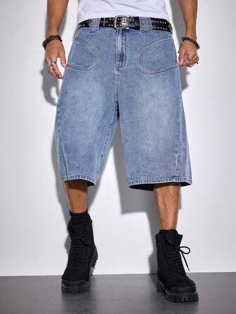 Street Life Shorts en jean amples à jambes larges avec poche asymétrique pour hommes