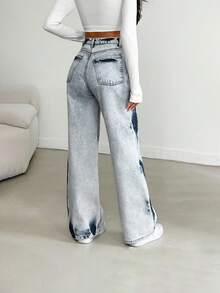 SHEIN Mittlere Taille, Gürtelschlaufen, lässig, locker, 100% Baumwolle, Damen Batik-Jeans - Blau - Übersicht 2