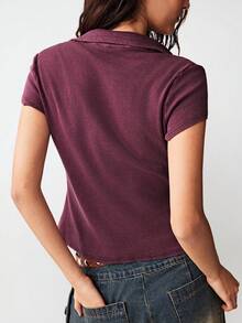 Bohemela Women's Casual Solid Color Knit Lace Patchwork Front Button Blouse - Purple - View 6