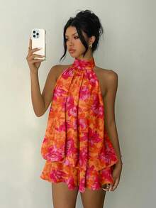 Aloruh Women's Elegant Orange Red Graffiti Floral Print Backless Tie Strap Mini Dress,Summer Boho Vacation Holiday Beachwear Sundress,Night Out Outfit - Multicolor - View 4