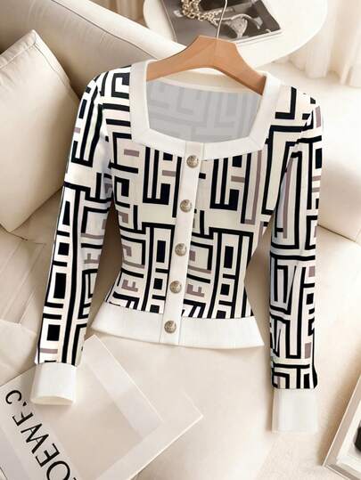 SHEIN Franclia Women's Spring/Autumn Office Commute Full Print Square Collar Long Sleeve Button Decor Fitted T-Shirt Crop Cardigan Women Square Neck Blouse Crop Top Jacket White Graphic Crop Top