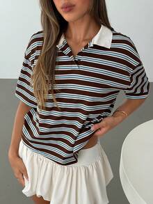 Aloruh Women's Casual Oversized Polo Collar Blue And White Striped T-Shirt,Spring, Going Out Top,Back To School, Retro Casual Style - Multicolor - View 3