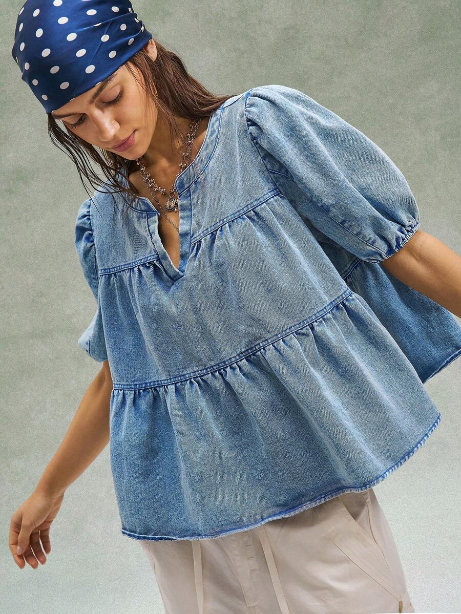 Bohemela Casual Solid Color Woven Loose Fit Short Sleeve Women Shirt