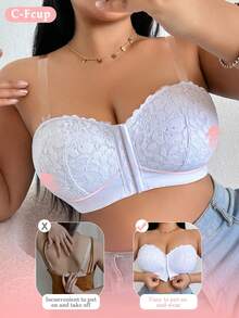DesireSculpt 1pc Plus Size Wireless Lace Front Closure Bra, Sexy Lift & Enhance Invisible Back Bra - White - View 6
