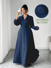 Elenzga 这款大码女士优雅绿色长裙，饰有纽扣，交叉领设计，A字腰线，撞色袖子，剪裁优雅成熟，适合外出、聚会、上学、毕业典礼、假期、情人节、音乐节、母亲节、万圣节、感恩节、复活节、国庆节、舞会、约会、派对、婚礼、户外活动等各种场合。 - 藏蓝色 - 查看 3