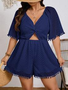 SHEIN Frenchy Bộ áo liền quần tay ngắn cổ chữ V khoét eo, màu trơn, cỡ lớn, tay ngắn, thích hợp cho mùa hè. - Màu xanh hải quân - Xem 1