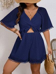 SHEIN Frenchy Bộ áo liền quần tay ngắn cổ chữ V khoét eo, màu trơn, cỡ lớn, tay ngắn, thích hợp cho mùa hè. - Màu xanh hải quân - Xem 4