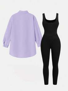 SHEIN Essnce Bộ đồ liền thân hai mảnh dành cho nữ cỡ lớn mùa xuân hè, phong cách thể thao thường ngày thoải mái, rộng rãi, gồm áo sơ mi dài tay màu hồng cài cúc và áo vest đen bó sát, trang phục mùa xuân cho nữ, trang phục sân bay cho nữ, phong cách Y2K, thời trang đường phố. - Màu Lilac Tím - Xem 2