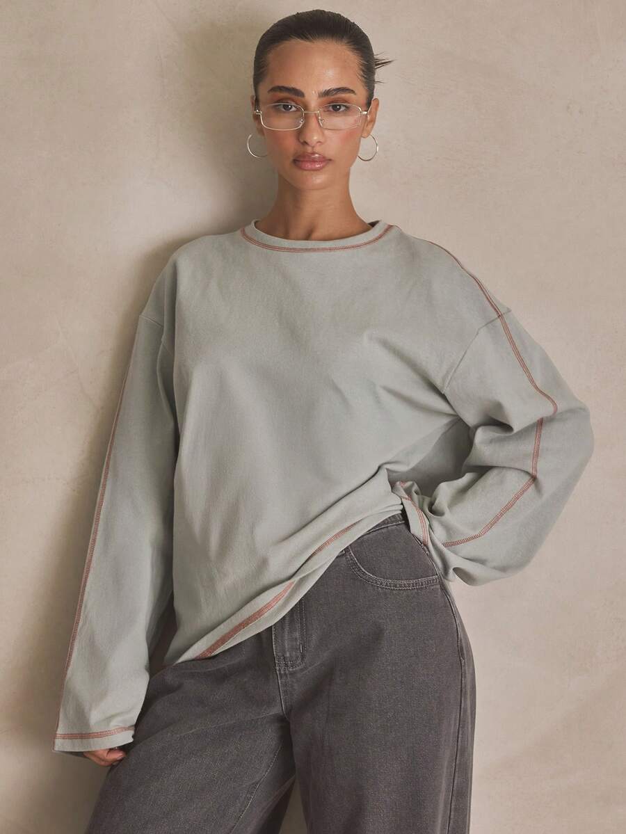 MUSERA Washed Oversized Long Sleeve Top Summer, Sporty, Casual, Day, Streetstyle, Streetwear Spring - Green - View 1