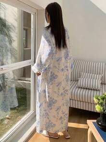 Dazy Plus 大码女式碎花系领短袖宽松长款睡裙，春夏家居服 - 藍色 - 查看 6
