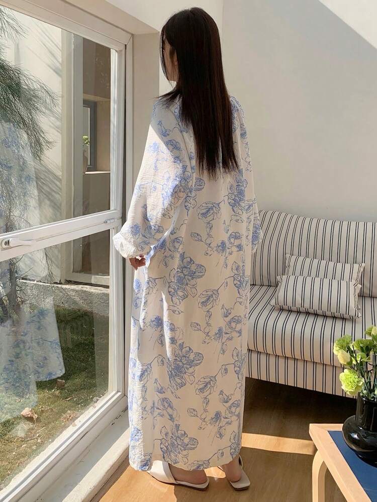 Dazy Plus Plus Size Women's Ditsy Floral Tie Neck Short Sleeve Loose Long Nightgown, Spring/Summer Home Dress