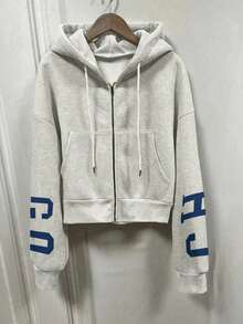 INAWLY Plus Size Loose Casual Hooded Zip-Up Letter Print Sweatshirt Graduation,Back To School Outfits,Graduation,Teacher Outfits For Women,Back To School Pullover Fall Outfit Winter Autumn - Apricot - View 4