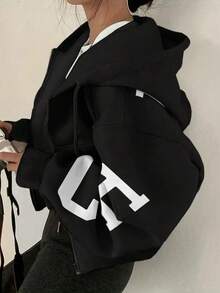 INAWLY Plus Size Loose Casual Zip Up Hoodie Sweatshirt With Letter Graduation,Back To School,Teacher Pullover Fall Winter Autumn - Black - View 1