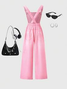 SHEIN Tween Girls' Knit Star Print Overalls, Fashionable For Back To School, Personalized Outfit, Suitable For Spring, Summer, Autumn - Pink - View 2