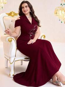 Modelyn 大码优雅派对水钻装饰露肩美人鱼连衣裙 - 酒紅色 - 查看 4
