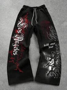 Manfinity EMRG 男士天使雕像和洛杉矶标语图案休闲街头风喇叭运动裤，秋冬男装 - 彩色 - 查看 1