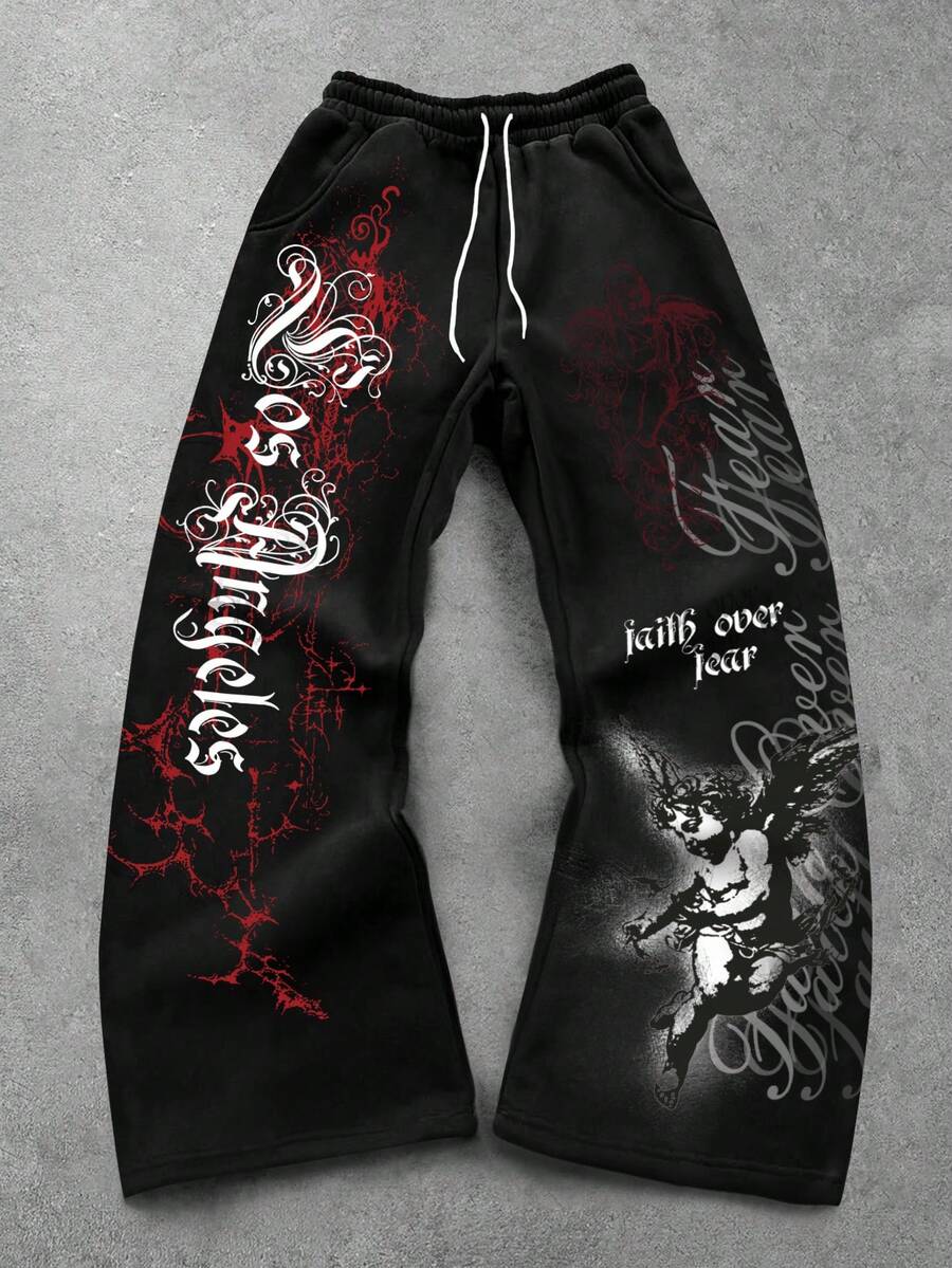 Manfinity EMRG 男士天使雕像和洛杉矶标语图案休闲街头风喇叭运动裤，秋冬男装 - 彩色 - 查看 1