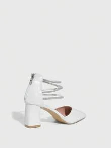 CUCCOO SZL Women's Fashion Black Crystal Embellished Criss-Cross Strap Pointed Toe Chunky High Heel Slip-On Pumps, Convenient For Commuting, Dating, Party, Holiday, Wedding Valentine's Day - Chantilly - View 3