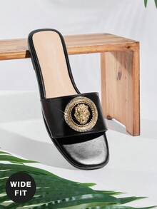 SHUZIA Women's Wide-Fit Minimalist Comfortable Metal Decor Flat Sandals - Black - View 1