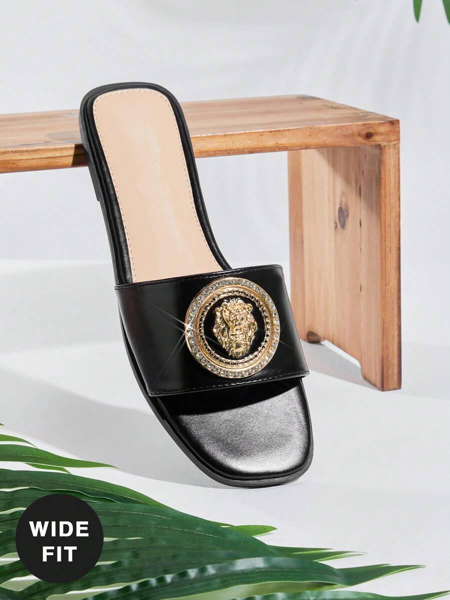 SHUZIA Women's Wide-Fit Minimalist Comfortable Metal Decor Flat Sandals - Black - View 1