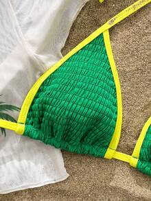 Swim Vcay 2026 New Spring/Summer 3 PiecesWomen Green Triangle Bikini Set, Mesh Printed Top, Elegant & Sexy Swimwear For Beach Vacation - Green - View 3