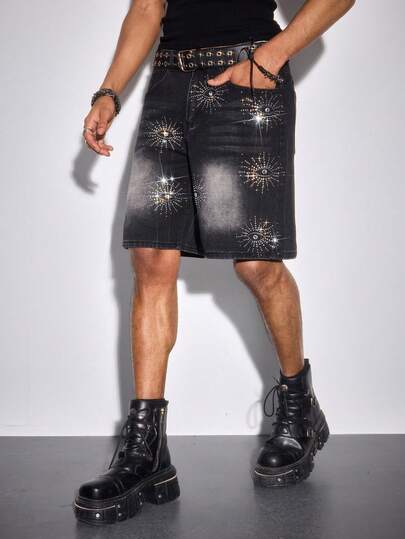 ROMWE MEN Men's Rhinestone Embellished Pocket Casual Fashion Denim Shorts