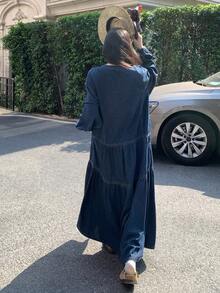 FRIFUL 女士休闲牛仔连衣裙，圆领，落肩，长袖，单排扣，荷叶边下摆 - 藍色 - 查看 3