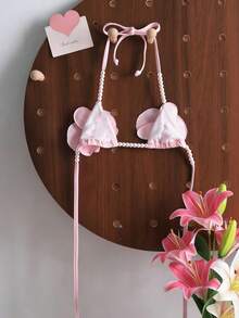 Swim Mod Women's Solid Color Beaded 3D Flower Decor Halter Tie Back Sexy Swimwear Top For Beach Vacation - Pink - View 2