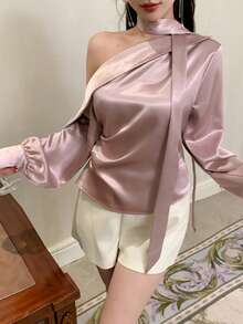 DAZY Camisa de mujer de manga larga con hombros descubiertos, diseño casual para oficina, viajes, bodas, primavera y verano - Rosa - Ver 1