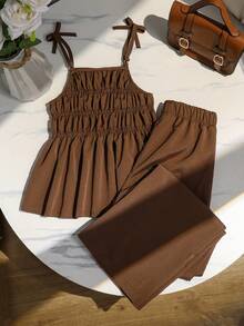 Sparklyn Girls Striped Bow Camisole Top And Straight Leg Pants Summer Vacation Outfit - Brown - View 2