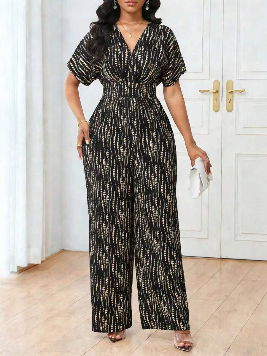 Lunelith SHEIN Lunessa Bộ jumpsuit nữ cổ chữ V tay ngắn, in họa tiết sọc toàn thân, eo chun, ôm sát, thanh lịch, phong cách thường ngày. Jumpsuit nữ, jumpsuit phong cách boho, bộ đồ cỡ lớn, jumpsuit cỡ lớn, thanh lịch. - Nhiều màu - Xem 1