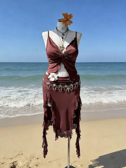 Sunspun Plus Size Women Solid Color Twist Ruched Asymmetric Hem Camisole Top And Ruffle Hem Skirt 2 Piece Set, Fashionable For Vacation