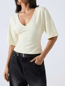 LYSMO 2026新款女士简约纯色喇叭袖衬衫，通勤/圣诞节/新年/感恩节/毕业典礼等场合百搭，优雅时尚，休闲舒适居家服，深V领设计，无花果色 - 彩色 - 查看 6