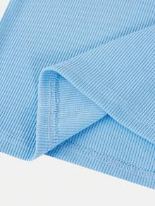 SHEIN Tween Girl Elegant Bowknot Decor Fitted Short Sleeve T-Shirt, Ladylike Style, Kids Clothes Girls Blue White,,Kids - Baby Blue - View 8