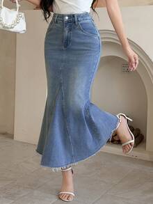 DAZY Women's Casual Washed Frayed Hem Denim Fish Tail Skirt, Spring/Summer - Medium Wash - View 1