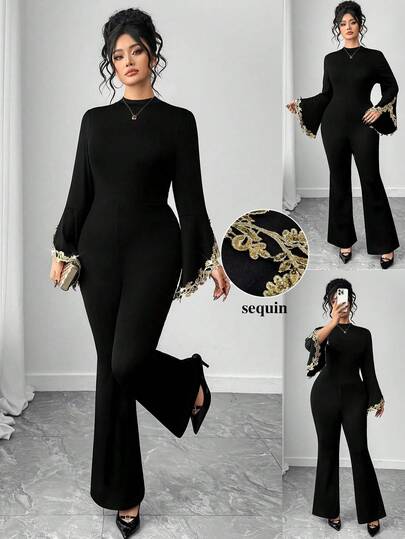 Elenzga Plus Size Elegant Jumpsuit With Flared Cuffs, Slit, Lace Patchwork And Beaded Decor, High Neck Elegant Long Sleeve Jumpsuit Disco Plus Size Black Jumpsuit Women Elegant Yasmina Curve Jumpsuits Elnajma Long Sleeve Jumpsuits For Woman Black Elegant Jumpsuit