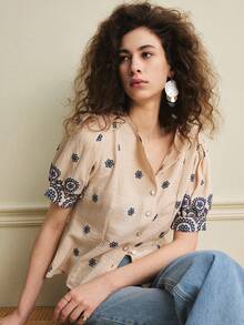 Écloséra Women's Light Apricot Embroidered Print Blouse, Summer Top, Pearl Button, Puff Sleeves, Round Neck, Fitted Waist. Suitable For Summer Wear, Springs, Valentine's Days, Elegant Women's Blouses, Women's Summers, Holidays, Women's Casual Top, Women's Patterned Blouses, White Top, Commuting Fashion, And Other Women's Blouse Styling Options.Fashionable Casual Commuter Wear, Business Office Wear, Versatile And Stylish Everyday Casual Wear, Urban Teacher's Professional Attire - Apricot - View 4