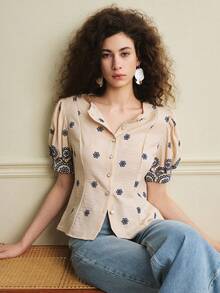 Écloséra Women's Light Apricot Embroidered Print Blouse, Summer Top, Pearl Button, Puff Sleeves, Round Neck, Fitted Waist. Suitable For Summer Wear, Springs, Valentine's Days, Elegant Women's Blouses, Women's Summers, Holidays, Women's Casual Top, Women's Patterned Blouses, White Top, Commuting Fashion, And Other Women's Blouse Styling Options.Fashionable Casual Commuter Wear, Business Office Wear, Versatile And Stylish Everyday Casual Wear, Urban Teacher's Professional Attire - Apricot - View 7