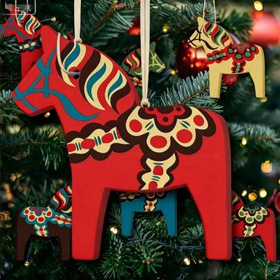 Madebyblanc 6 PCS Hand Painted Indoor Outdoor Decoration Gift Accent Colorful Wooden Horse Hanging Ornament For Festival Party Garden Wall Home Porch Seasonal Celebration Home Decor Party Supplies Gift Ideas Holiday Ornaments