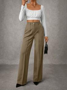 EURMUSE 女士纯色褶裥缝线细节西装裤 - 橄欖綠 - 查看 5