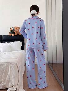 Heart Striped Frill Trim Lapel Cardigan And Pants Pajama Set - Multicolor - View 2