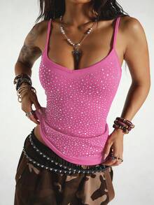 StreetHx Women's Y2K Fashion Cropped Rhinestone Cami Top - Pink - View 5