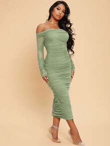 Radiana Đầm dài tay gợi cảm ôm sát, trễ vai, xếp ly, chất liệu lưới, thích hợp cho mùa xuân và hè. - Màu xanh Bạc hà - Xem 3