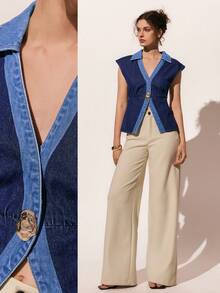 Poéselle Women's Denim Top, Casual Color-Blocked Denim Top, Dark Blue Top Summer Tops Valentine Clothes  Beach Outfits For Women Going Out Tops For Women Elegant Women's Blouses Casual Blouses For Women  Y2K Tops - Multicolor - View 1