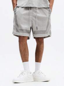 SUMWON Ribbed Corduroy Drawstring Waist Relaxed Fit Casual Summer Shorts With Pockets - Grey - View 1
