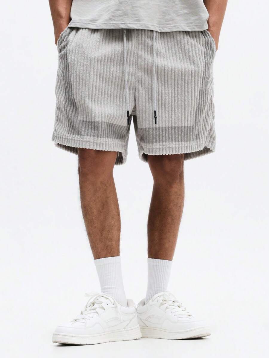 SUMWON Ribbed Corduroy Drawstring Waist Relaxed Fit Casual Summer Shorts With Pockets - Grey - View 1