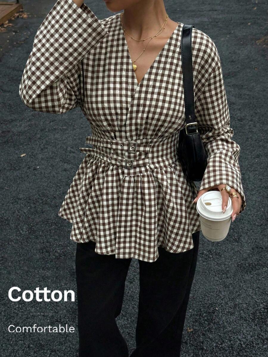 Siren Gaze 束腰双排扣双腰带长袖衬衫，柔软亲肤，杏色，适合工作和度假穿着。 - 卡其色 - 查看 1