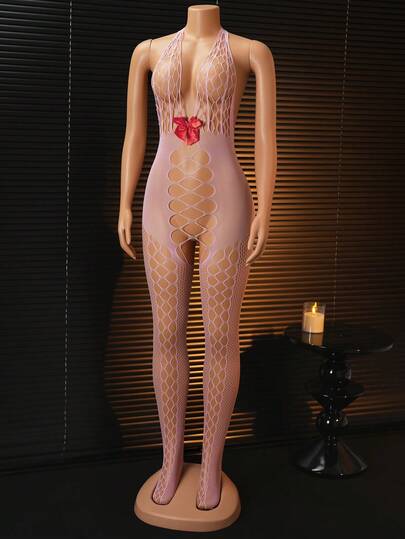 Body rosa con escote halter sexy, con detalles de cortes cruzados, crea una atmósfera dulce y picante tipo muñeca, ideal para momentos íntimos