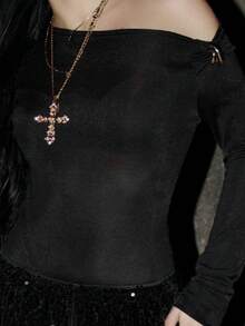 AfricaSnchz 1pc Women's Black Long Sleeve Twisted Metal Decorated Bodysuit - Black - View 6