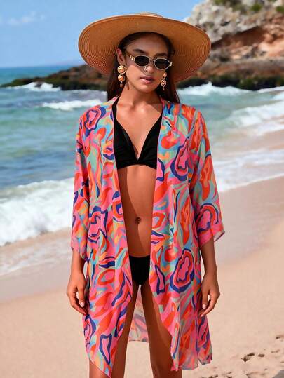 Swim Lushoire Cárdigan floral holgado de talla grande, kimono de playa de vacaciones